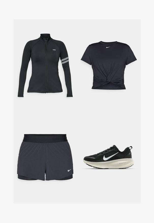 Schwarze sportliche Zip-Jacke mit langen Ärmeln, hochgeschnittenem Kragen, Raglanärmeln und einem reflektierenden Streifenakzent am linken Arm.; Schwarzes Sport-T-Shirt aus glattem Stoff, mit einem geknoteten Vorderdesign und einem kleinen weißen Nike-Logo auf der Brust.; Schwarze Sportshorts mit elastischem Bund, ausgestattet mit einem geschichteten Design und einem kleinen weißen Nike-Logo unten links. Leichtes Material.; Schwarzer Nike-Laufschuh mit atmungsaktivem Mesh-Obermaterial, weißem Swoosh-Logo, strukturierten Details und einer cremefarbenen ZoomX-Zwischensohle.