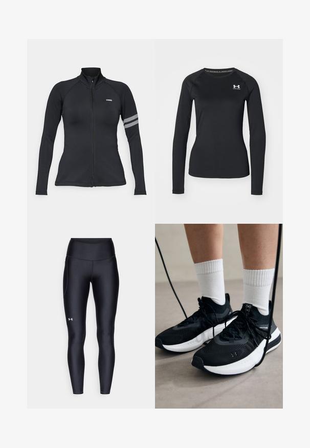 Juoda zip-up sportinė striukė su ilgomis rankovėmis, turi aukštą apykaklę, raglan rankoves ir atspindinčią juostą kairėje rankoje.; Juoda ilgarankovė sportinė marškinėlė, pagaminta iš lygaus audinio, su apvaliu kaklu ir maža balta logotipu kairėje krūtinės pusėje.; Juodos leggingai, pagaminti iš lygaus, elastingo audinio su aukštu juosmeniu. Kairiajame šlaunyje yra baltas logotipas ir tvirta konstrukcija.; Juodi sportiniai batai su tekstūruotu audiniu, balta padu ir juodais raiščiais. Dėvimi su baltais raištiniais kojiniais, stovint lengvame paviršiuje.