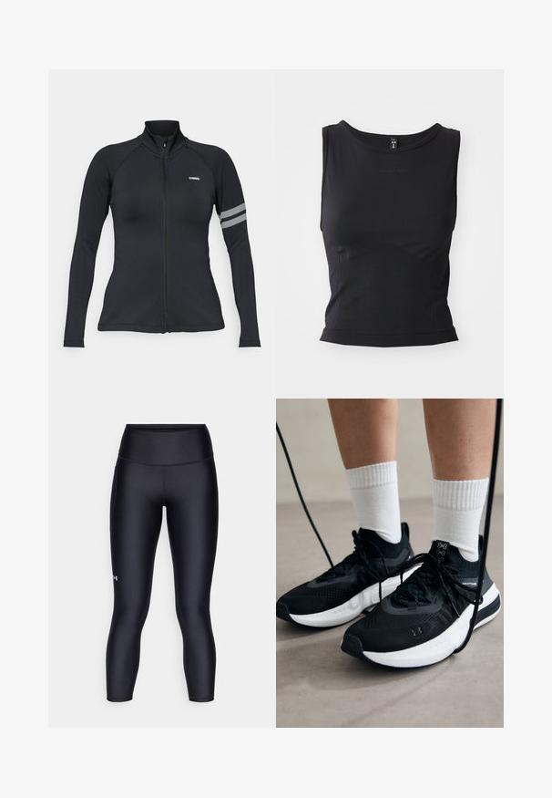 Črna jakna za šport z zadrgo, dolgimi rokavi, visokim ovratnikom, raglan rokavi ter odsevnim trakastim detajlom na levi roki.; Črn brezrokavnik iz športnega materiala z gladko tkanino, zaobljenim ovratnikom in prilegnjeno silhueto z diskretnim logotipom.; Črne legice iz gladkega, raztegljivega materiala. Visok pas s tesnim prileganjem in majhnim logotipom na levi nogi.; Črne športne čevlje z strukturirano tkanino, belo podplatom in črnimi vezalkami. Nosi se z belimi rebrastimi nogavicami, stoje na svetli površini.