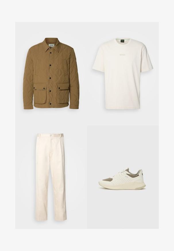 Giacca trapuntata in beige scuro, con colletto a punta, bottoni a pressione neri e quattro tasche con cuciture a contrasto. Tessuto morbido e testurizzato.; BOSS TEE - T-shirt basic - open white; Pantaloni in cotone beige con taglio dritto, dotati di chiusura a bottone e pence sul davanti per un tocco di dettaglio in più.; Sneaker atletica bianca e beige chiaro, con tomaia in mesh, dettagli perforati e una suola intermedia texturizzata con marchio sul tallone.
