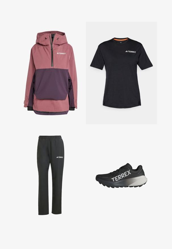 Pullover-jakke i pink og mørk lilla, med hætte, lynlåslukning foran, elastiske manchetter og Terrex-logoet på brystet. Vandtæt materiale.; Sort kortærmet T-shirt med rund halsudskæring, der har en subtil meleret tekstur og hvid "TERREX"-logo på den øverste venstre side.; Sorte letvægtsbukser med elastisk talje. Har et diskret "TERREX" logo i hvid. Glat stof og lige ben-design.; Sort løbesko med en tekstureret overdel, fremtrædende "TERREX" logo i hvid, skræddersyet således design, og en gradient grå accent på hælen.