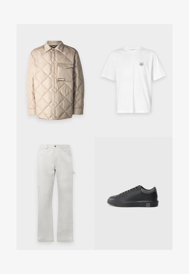 Beige gesteppte Jacke mit einem Diamantmuster, Druckknopfverschluss, einer Brusttasche und kontrastierendem Besatz entlang der Kanten.; Weißes T-Shirt aus Baumwolle mit kurzen Ärmeln, Rundhalsausschnitt und kleinem grauen Logo auf der linken Brustseite. Glatte Textur.; Helle graue Hose mit gerader Passform, aus glattem Baumwollstoff gefertigt, mit Eingrifftaschen vorne und einer seitlichen Cargo-Tasche.; Schwarze Ledersneaker mit glatter Oberfläche, runder Zehenpartie und dunkelgrauen Akzenten. Verfügt über ein Schnürdesign und eine strukturierte Gummisohle.