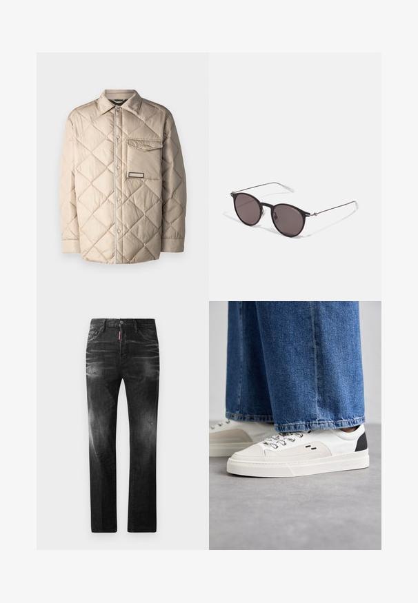 Chaqueta acolchada beige con un patrón de diamantes, cierre de botones a presión, un bolsillo en el pecho y ribete en contraste a lo largo de los bordes.; Camiseta de algodón negra con cuello redondo, mangas cortas y el logo de "EMPORIO ARMANI" en blanco sobre "Milano" en un diseño curvado.; Jeans de mezclilla negra con un corte recto. Presentan áreas desgastadas, un ligero desgasto, diseño clásico de cinco bolsillos y cierre de botón.; Zapatillas blancas y negras con una parte superior de cuero suave, acentos texturizados y una suela blanca gruesa. Presenta un diseño clásico de cordones.; Gafas de sol redondas negras con lentes oscuros y brazos metálicos delgados. Incluye puntas de varilla transparentes y acentos plateados en la bisagra. Diseño minimalista.