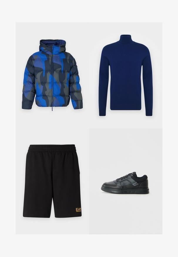 Pildīta jakas ar kapuci, ar zilu un pelēku abstraktu rakstu. Izgatavota no spīdīga, viegla materiāla, ar priekšējo rāvējslēdzēju un elastīgiem piedurkņu galiem.; Tumši zilas krāsas augstais džemperis, kas izgatavots no gludas dzijas. Garas piedurknes un pieguļošs siluets ar ribota veida akcentiem apkaklē un apakšmalā.; Melnas sporta šortus, kas izgatavoti no mīksta auduma, ar elastīgu jostu un mazu dzeltenu EA7 logo zem kreisā kājas stūra.; Melnas sporta kurpes ar gludu ādas virsu, ar sieta akcentiem, perforētiem elementiem un teksturētu gumijas zoli ar zemu profilu.
