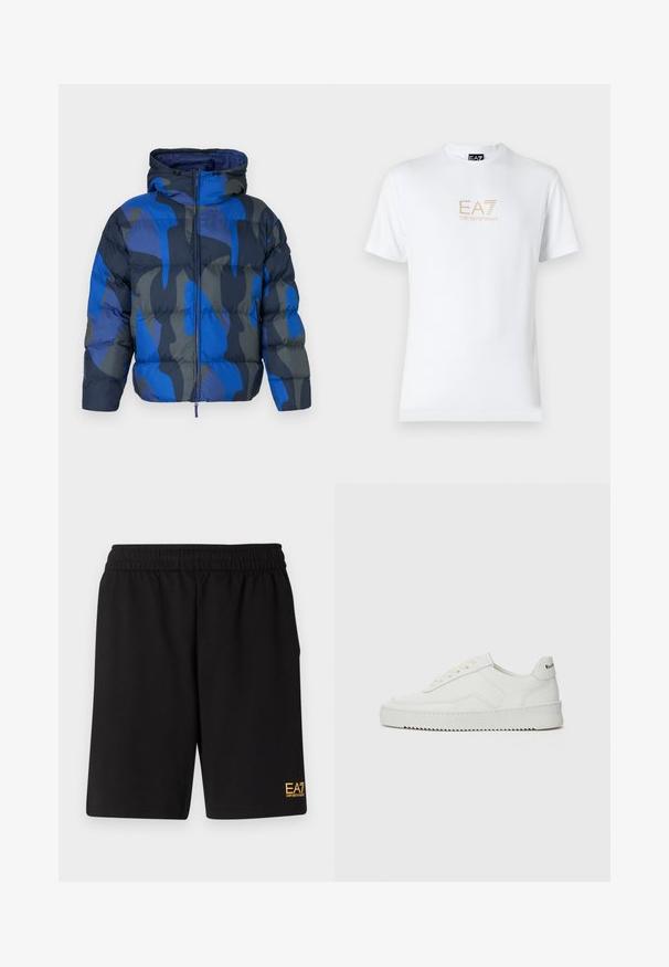 Giacca imbottita con cappuccio, caratterizzata da un motivo astratto blu e grigio. Realizzata in materiale lucido e leggero, con zip frontale e polsini elasticizzati.; T-shirt bianco in cotone con scollatura rotonda e maniche corte, con il logo oro EA7 Emporio Armani stampato sul fronte.; Pantaloni sportivi neri realizzati in tessuto morbido, con vita elastica e un piccolo logo EA7 giallo sulla parte bassa della gamba sinistra.; Sneaker in pelle bianca con una finitura liscia, punta rotonda, lacci piatti e suola testurizzata. Presenta un logo discreto sul tallone.
