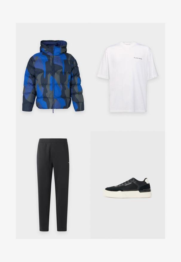 Vadderad jacka med huva, med ett blått och grått abstrakt mönster. Tillverkad av ett glänsande, lätt material, med dragkedja framtill och elastiska ärmslut.; Vit kortärmad t-shirt i bomull med v-ringning, med en svart "FILLING PIECES" logga tryckt på vänster sida.; Svarta joggingbyxor i mjukt tyg, med elastisk midja, raka ben och en liten logotypdetalj på sidan.; Svarta sneakers gjorda av mesh och läder, med en tjock vit sula och kontrasterande detaljer. Snörning och logotypdetalj på sidan.