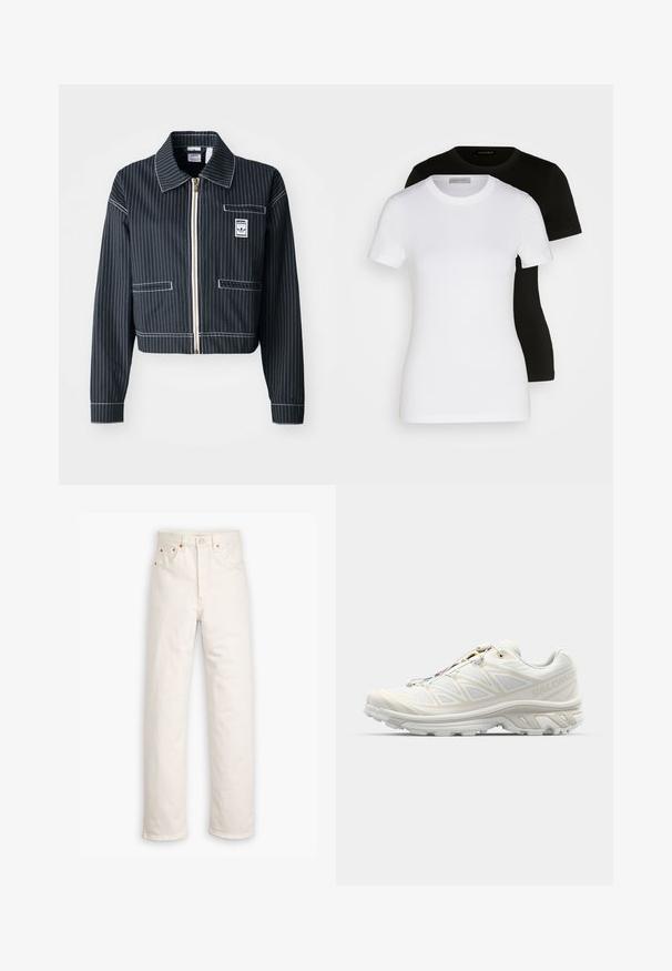 Jachetă neagră, scurtă, cu dungi albe, cu fermoar frontal, guler ascuțit, o buzunar pe piept și etichetă cu logo. Fabricată dintr-un material texturat.; Două tricouri cu mânecă scurtă, negre și albe. Realizate din bumbac neted, cu un guler rotund clasic și o croială regulată.; Jeanși din denim alb cu un design cu picior drept, stil cu cinci buzunare și accente de metal cupru. Terminare brută la glezne.; Adidași albi cu un superior din plasă respirabilă, accente texturate și o talpă amortizantă. Caracteristici un sistem de șireturi rapide pentru o ajustare ușoară.