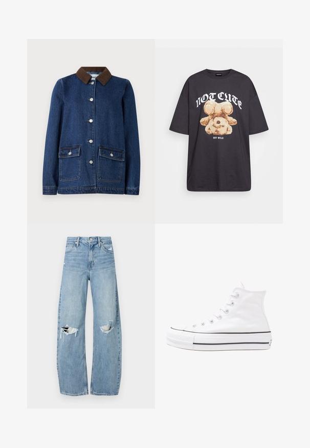 Tummansininen farkkutakki, jossa on ruskea corduroy-kaulus, kaksi etutaskua nappiläppien kanssa ja hopeanväriset napit edessä.; Mustat ylisuurent-paidat, joissa on karhun grafiikka ja teksti "EI SULOINEN VAAN VILLI" rohkealla valkoisella fontilla. Puuvillamateriaali.; Vaaleansiniset, korkeavyötäröiset farkut, jotka on valmistettu denimmateriaalista. Ominaisuuksiin kuuluvat leveät lahkeet, kaksi revittyä polvialuetta ja klassinen viiden taskun tyyli.; Valkoiset korkeavartiset kangaskengät mustalla kumipohjalla, edessä kuminen varvasosa ja kuusi nauha-aukkoa, puhtaan minimalistisella muotoilulla.