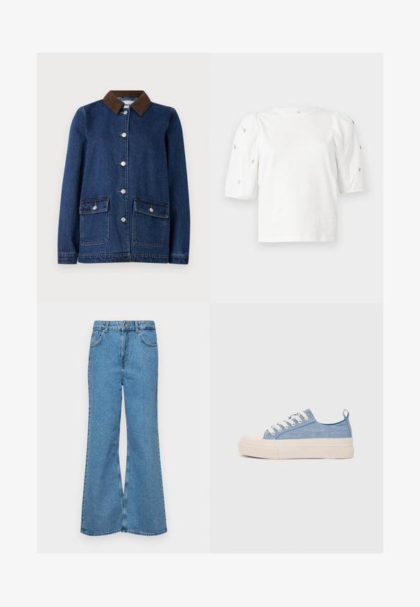 Tumed sinine teksajakk, millel on pruuni küüni kaelus, kaks esipocketit nupulehildadega ja hõbedased nupud ees.; Valge puuvillane T-särk lühikeste puffkäistega, millel on väikesed hõbedased kaunistused käiste servades. Klassikaline ümmargune kaelus, vaba ja mugav lõige.; Heledad sinine flared teksade rõivad, millel on kõrge talje, viis taskut ja üks nupulukk. Pehme tekstuur ja pleekinud viimistlus.; Heledad sinised kangast tennisekingad koorevärvi kummist varbakatte ja taldaga, millel on valged paelad ja tõmblukk kandadel.