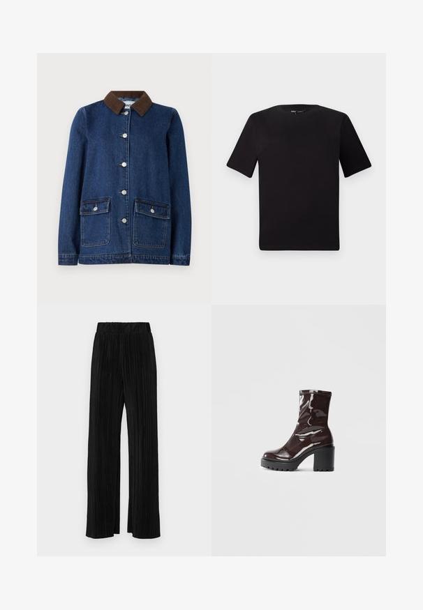 Denimjakke i mørkeblå med brun cordfløyelskrage, to frontlommer med knappelokk, og sølvknapper foran.; Svart t-skjorte med korte ermer og rund hals, laget av mykt bomullsstoff. Enkelt design, ingen synlige logoer eller mønstre.; Sorte plisserte bukser med elastisk midje. Har vide ben og et glatt, strukturert stoff med vertikale striper.; Glinsende burgunder ankelstøvel med en kraftig svart hæl, med en glatt tekstur og enkelt design. Ingen synlige lukkinger eller mønstre.