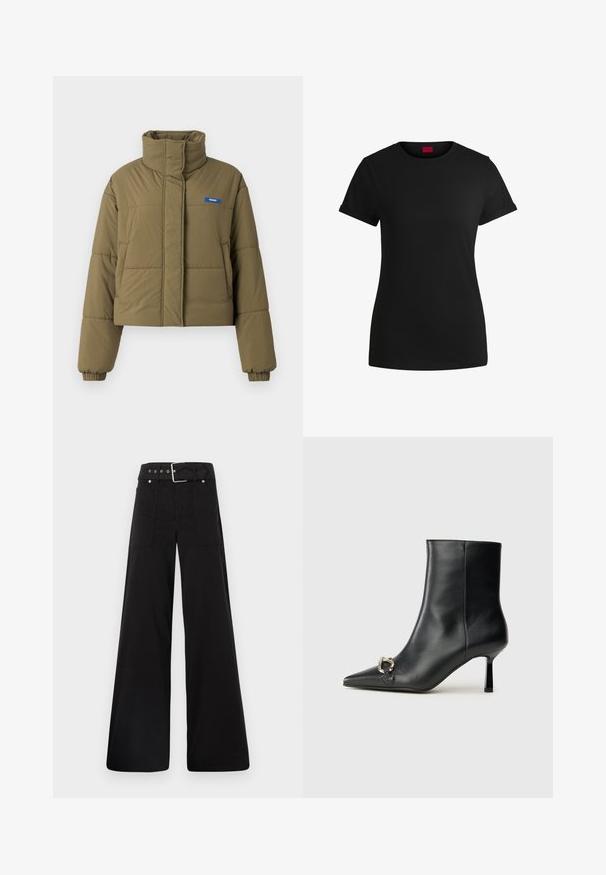 Kratka javorna zeleni puhvasti plašč z visokim ovratnikom, elastičnimi manšeti, sprednjimi žepi in modrim logotipom na prsih, ki ima prešit teksturo.; Črna bombažna majica s kratkimi zavihanimi rokavi, okroglo izrezom in rdečo oznako. Gladka tekstura, prilegan kroj z minimalnimi detajli.; Črne široke hlače iz bombaža, z visokim pasom, velikimi stranskimi žepi in pasom s sponko ter srebrnimi dodatki.; Črne usnjene gležnjarje s koničastim nosom, ozkim srednjem petam in srebrno zaponko na strani na enobarvni podlagi.