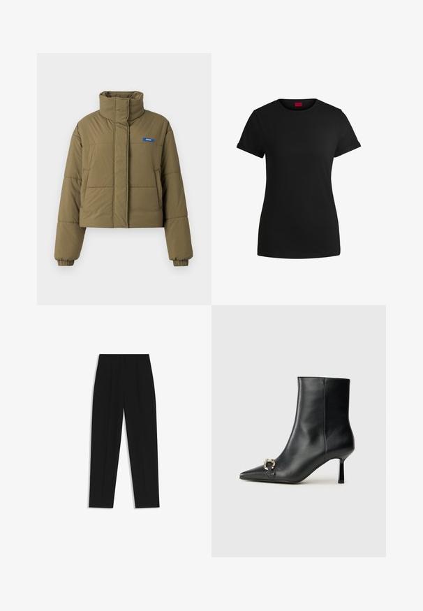 Cropped olive green puffer jacket with high collar, elastic cuffs, front pockets, and blue logo on the chest, featuring a quilted texture.; Black cotton t-shirt with short rolled sleeves, a round neckline, and a red label. Smooth texture, fitted shape with minimal detailing.; Black trousers with a straight fit, featuring double pleats, a smooth texture, and a classic waistband design. No visible hardware or accents.; Black leather ankle boot with pointed toe, slim mid-height heel, and silver buckle detail on side against plain background.