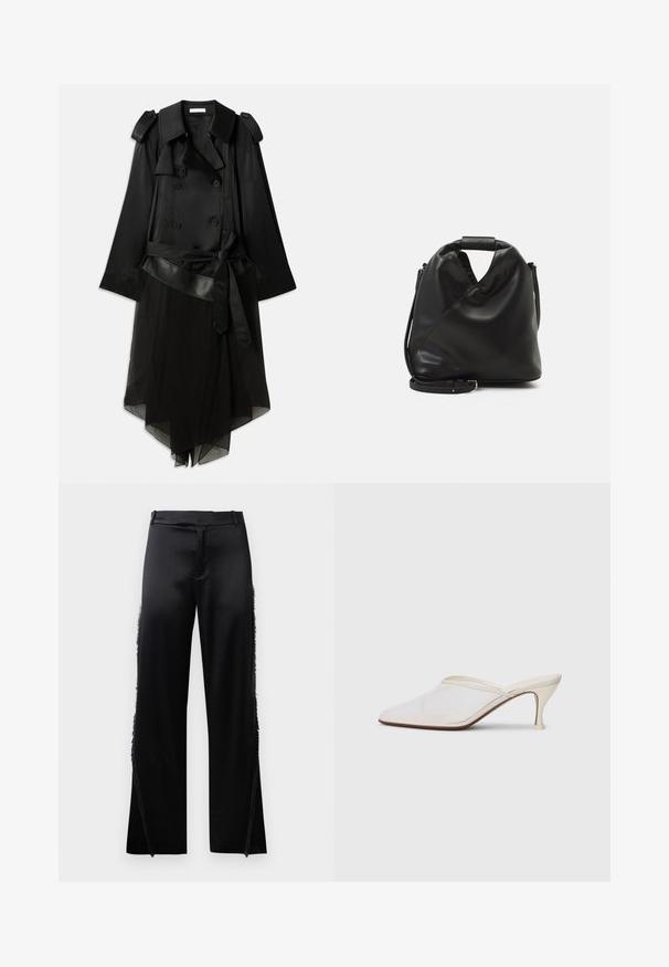 Zwarte trenchcoat met een dubbelgebreide voorkant, satijnen materiaal, doorschijnende onderlaag, verstelbare riem en spalkdetails op de schouders.; Zwarte cropped trui met lange mouwen, geribbelde halslijn en manchetten, gemaakt van een zachte breimateriaal. Eenvoudig en naadloos ontwerp.; Zwarte satijnen broek met brede pijpen, voorzien van franjes langs de zijnaden en een platte tailleband aan de voorkant. Eenvoudige achterkant zonder zakken.; Witte mesh puntige muiltjes met een slanke hak van middelgrote hoogte en een slip-on ontwerp, tegen een effen achtergrond.; Zwarte, zachte leren tas met een unieke gedraaide vorm. Voorzien van een korte handgreep en een afneembare schouderriem. Minimalistische stijl.