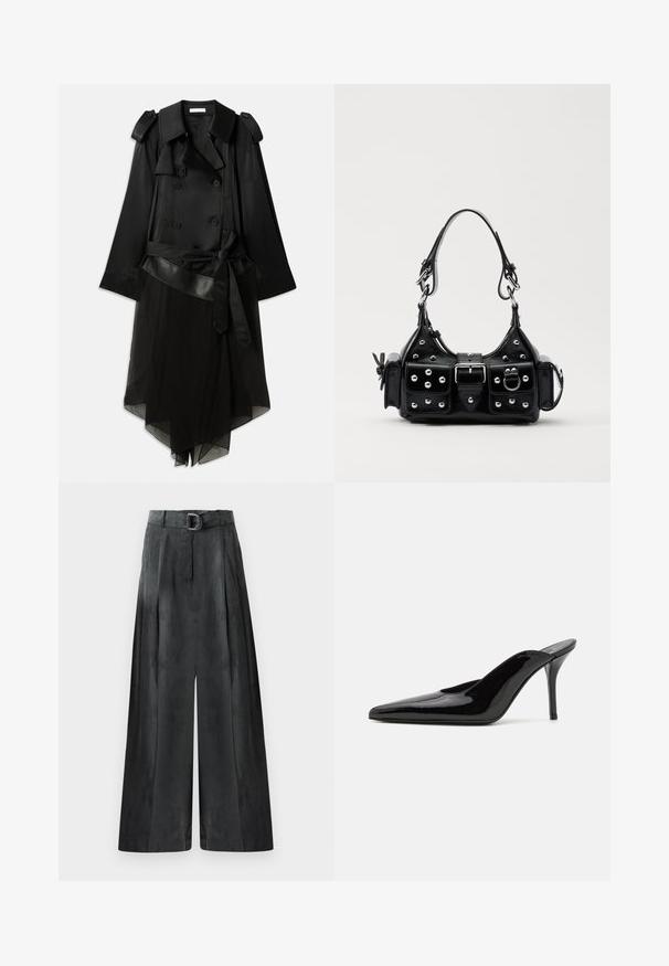 Schwarzer Trenchcoat mit doppelt geknöpfter Vorderseite, satiniertem Material, transparenter unterer Schicht, verstellbarem Gürtel und Schulterdetails mit Epauletten.; Schwarze Bluse mit Stehkragen, langen transparenten Ärmeln, Schleifendetail am Hals, aus glattem Satinmaterial, mit Knopfverschluss vorne.; Weite Hosen in Dunkelgrau, mit glatter Textur, Falten und einem Gürtel mit silberner Schnalle in hoher Taille.; Schwarze Lackleder-Pumps mit hohen Absätzen, spitzer Zehenform und schlanker Silhouette, mit offenem Rücken und schlankem Stiletto-Absatz.; Schwarze Lederhandtasche mit einem geschwungenen Design, verziert mit silbernen Nieten, einer Schnalle und zwei seitlichen Taschen. Verstellbarer Träger für verschiedene Tragemöglichkeiten.