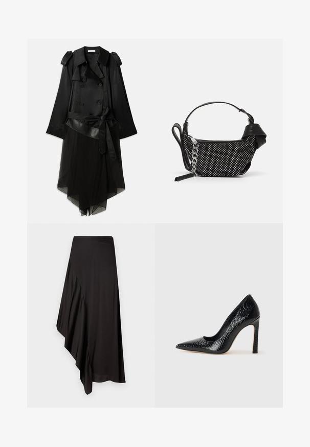 Cappotto nero a trench con fronte doppiopetto, materiale in raso, strato inferiore trasparente, cintura regolabile e dettagli con mostrine sulle spalle.; Camicia nera in satin con maniche lunghe e colletto alto, vita aderente e dettaglio con cordoncino regolabile. Texture liscia con una finitura elegante.; AERON ASTER SKIRT - Gonna a tubino - black; Scarpa nera con punta a punta alta in pelle di coccodrillo, caratterizzata da un design elegante, alto tacco a spillo e interno nero liscio.; Borsa nera con decorazioni a borchie, una tracolla a catena e un manico in pelle liscia, dalla forma rotonda e con scomparto con zip.