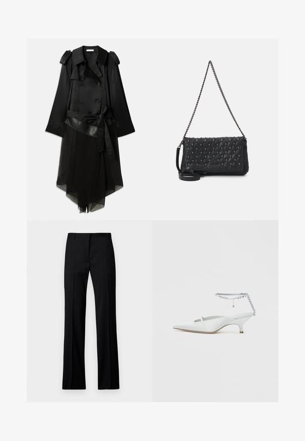 Black trench coat featuring a double-breasted front, satin material, sheer lower layer, adjustable belt, and epaulet details on shoulders.; Black long-sleeve crop top made of soft fabric, featuring a round neckline and a slightly asymmetric hem with a subtle logo detail.; Black straight-leg trousers in smooth fabric, featuring a flat front, belt loops, and no visible pockets or embellishments.; White pointed kitten heel mule with rhinestone ankle strap detail on a plain background.; Black quilted leather bag with a chain strap, featuring skull accents and a zip closure. Textured surface with a glossy finish.