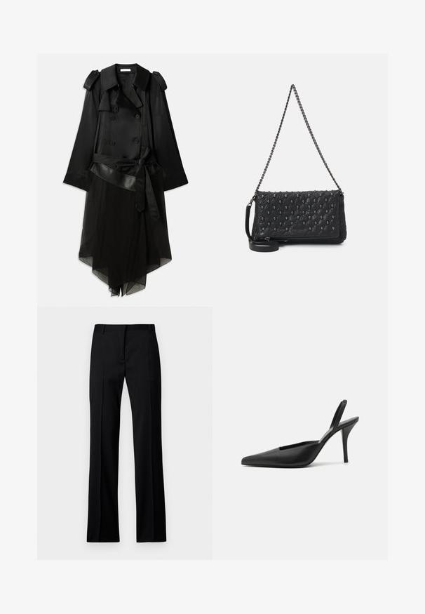 Fekete trench kabát dupla soros gombolással, selyem anyagból, áttetsző alsó résszel, állítható övvel és vállpárnákkal.; Fekete, hosszú ujjú crop top, puha anyagból készült, kerek nyakkivágással és enyhén aszimmetrikus szegéllyel, finom logó részlettel.; Fekete, sima anyagú, egyenes szárú nadrág, lapos elülső résszel, övhurkokkal, és látható zsebek vagy díszítések nélkül.; Fekete pántos magassarkú cipők, hegyes orral, sima bőrből készült anyaggal és letisztult, minimalista dizájnnal. Magas tűs sarok.; Fekete steppelt bőrtáska lánc pánttal, koponya díszítéssel és cipzáros záródással. Texturált felület, fényes befejezéssel.