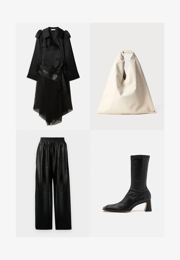 Melnā trenčmēte ar dubulto priekšpusi, satīna materiālu, caurspīdīgu apakšējo kārtu, regulējamu jostu un epauletu detaļām uz pleciem.; Melnā kroptā garā piedurkņu blūze ar augstu kaklu. Izgatavota no stiepjama auduma, ar aizmugures rāvējslēdzēju un sānu atvērumiem.; Melna ādas plata kāju bikses ar elastīgu jostu, ar divām sānu kabatām un gludu, spīdīgu tekstūru.; Melnas ādas potītes zābaki ar pieguļošu kāju, norādītu purngalu un masīnu papēdi. Iezīmējas ar gludu tekstūru un minimālu šuvju detaļu.; Beidz, mīksta tekstūras soma ar unikālu vērpjamo rokturi un diagonālu šuvju detaļām. Minimālisma dizains ar apaļu akcentu apakšā.