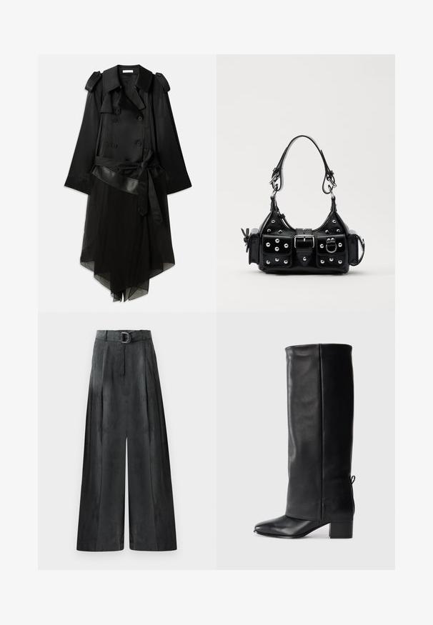 Juodas paltas su dvigubu mygtukų užsegimu, satino medžiaga, permatoma apatinė dalis, reguliuojamas diržas ir epauletų detalės ant pečių.; Trumpas baltas marškinėliai iš minkštos medžiagos, su trumpomis rankovėmis, apvaliu iškirpimu ir raukšlėtais hemų detalėmis. Paprastas ir be puošmenų dizainas.; Platus kojų kelnes tamsiai pilkos spalvos, su lygiu paviršiumi, klostėmis ir diržu su sidabriniu sagtimi aukšto liemens.; Juodos odinės iki kelių basutės su lygiu paviršiumi, kvadratiniu pirštų galas, blokinis kulnas ir šoninė rišimo detalė, leidžianti reguliuoti dydį.; Juodas odinis rankinukas su kreiviu dizainu, su sidabro spalvos knopkėmis, užsegimu ir dviem šoninėmis kišenėmis. Reguliuojama dirželis nešimui.