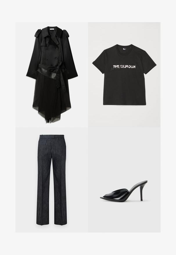 Cappotto nero a trench con fronte doppiopetto, materiale in raso, strato inferiore trasparente, cintura regolabile e dettagli con mostrine sulle spalle.; T-shirt di cotone nera con maniche corte, caratterizzata da una stampa bianca e grigia "THE 2LOOK" sul davanti. Collo girocollo classico.; Pantaloni a righe scure con design a gamba larga, realizzati in un tessuto strutturato con sottili righe verticali argentate. Davanti piatto e passanti per cintura.; Mule nere in pelle con tacco alto, punta aperta, design affusolato, texture liscia e tacco stiletto sottile.