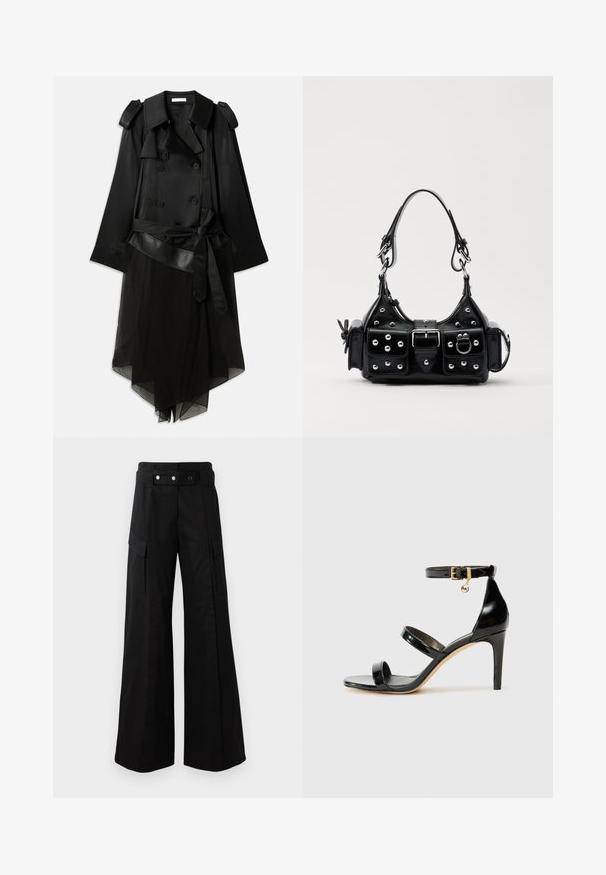 Fekete trench kabát dupla soros gombolással, selyem anyagból, áttetsző alsó résszel, állítható övvel és vállpárnákkal.; Fekete testharisnya hosszú áttetsző hálós ujjakkal, magas gallérral, drapírozott elülső részlettel és testhezálló fazonnal. Az alján patentokkal záródik.; Fekete, bő szárú nadrág magas derékkal, nagyméretű oldalsó zsebekkel, két elülső gombbal és hurok részlettel. Tartós anyagból készült.; Fekete lakk bőr szandál három pánttal, bokapánttal és 10 cm magasságú tűsarokkal. Arany színű részletekkel és logó charm-mal rendelkezik.; Fekete bőr kézitáska ívelt designnal, ezüst szegecsekkel, csattal és két oldalsó zsebbel. Állítható vállpánt a hordozási lehetőségekhez.