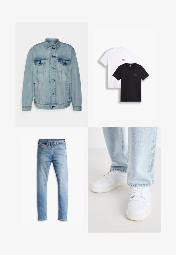 Levi's® RELAXED TRUCKER - Denim jacket - huron waves; Two short-sleeve t-shirts: one white and one black. Both made of cotton with a red Levi's logo on the chest. Simple crew-neck design.; Light blue denim jeans with a straight-cut design, five pockets, button closure, and subtle fading across the fabric.; White leather low-top sneakers with perforated toe, flat laces, and minimalistic design. Paired with light blue denim jeans.