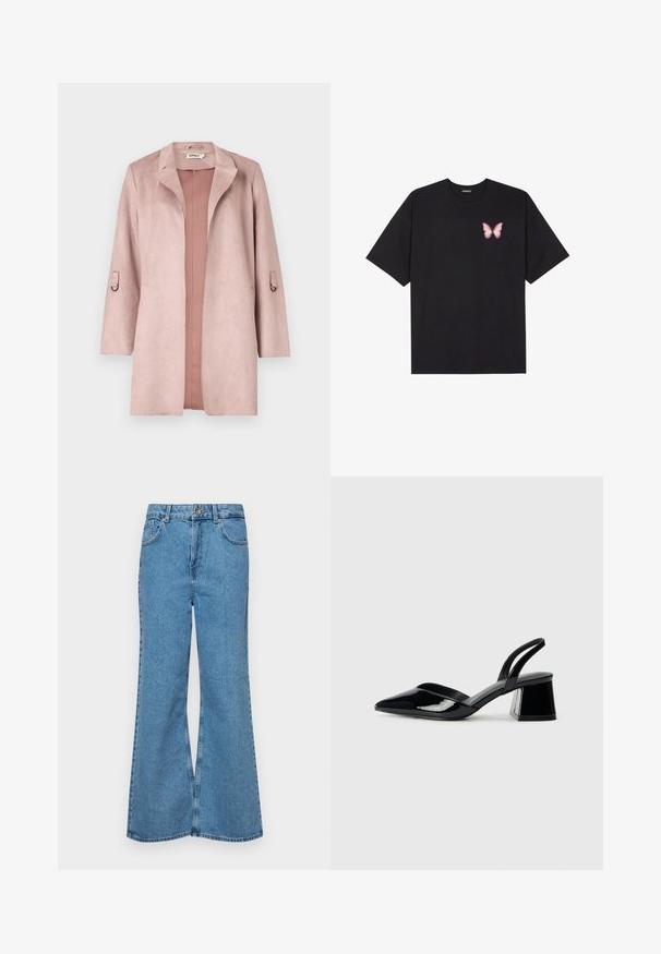 Praškasto roza, umetni semiš, dolg plašč z izrezanim ovratnikom, odprtim prednjim delom in rokavi do 3/4, ki imajo zanke. Gladka tekstura z minimalnimi detajli.; Črna bombažna majica s kratkimi rokavi, ki ima majhen roza metuljček na levi strani prsnega dela. Majica s krožnim ovratnikom in sproščenim krojem.; Svetlo modri razširjeni džins hlače iz denima, z visokim pasom, petimi žepi in enim gumbom za zapiranje. Mehka tekstura z blagim zbledelim videzom.; Črne lakirane slingback pete s koničastim nosom in geometrijsko blokasto peto. Imajo eleganten, minimalističen dizajn in gladko teksturo.