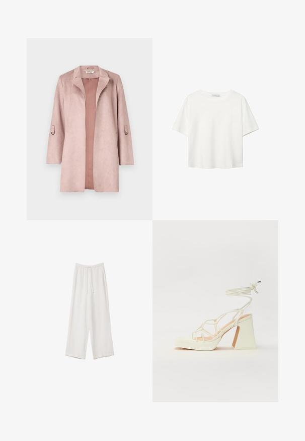 Prachovo ružový, umelý semiš, dlhý kabát s rozšíreným golierom, otvoreným predným dielom a 3/4 rukávmi s očkami. Hladká textúra s minimálnym zdobením.; Biela krátkopsová tričko vyrobené z bavlny. Má okrúhly výstrih a voľný strih. Hladká textúra bez viditeľných vzorov alebo akcentov.; Biele široké nohavice vyrobené z ľahkej tkaniny. Obsahujú elastický pás so sťahovacou šnúrkou a bočné vrecká. Hladká textúra.; Biele sandále na vysokom opätku s hrubým podpätkom, s pruhovaným dizajnom a viazaním na členku. Hladký povrch s platformou vpredu pre zvýšenú výšku.