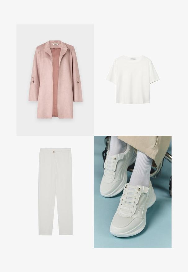 Dusty pink, faux suede, long coat with a notched collar, open front, and 3/4 sleeves featuring loops. Smooth texture with minimal detailing.; White short-sleeve t-shirt made of cotton. Features a crew neckline and a relaxed fit. Smooth texture with no visible patterns or accents.; White, tailored trousers with a straight leg design, featuring a button closure, belt loops, and side pockets; smooth fabric texture.; White sneakers featuring a mesh material, rubber sole, lace-free design with elastic bands, and gold-toned accents.