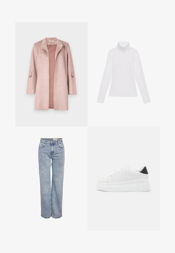 Cappotto lungo in faux suede rosa antico, con colletto a contrasto, apertura frontale e maniche 3/4 con asole. Tessuto morbido con dettagli minimali.; Maglia a maniche lunghe bianca a collo alto realizzata in tessuto morbido ed elastico. Presenta un colletto alto e un design aderente, senza motivi o decorazioni visibili.; Jeans a gamba larga di colore azzurro chiaro realizzati in denim, con vita alta, design a cinque tasche e leggera scoloritura per un aspetto vissuto.; Sneakers platform bianchi realizzati in materiale sintetico liscio, con punta arrotondata, design con lacci e suola in gomma texture. Accento nero nel tallone.