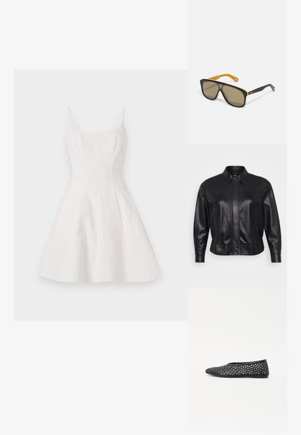 Čierna kožená bunda s golierom, patentnými gombíkmi, bočnými vreckami a priliehavým strihom. Hladká textúra s minimalistickými dizajnovými detailmi.; Biela A-líniová šaty s tenkými ramienkami, s priliehavým topom a rozšírenou sukňou. Vyrobené z hladkej látky s čistým, minimalistickým dizajnom.; Čierne tkané nazúvacie topánky s mriežkovým dizajnom, plochou podrážkou a hladkým gumovým materiálom, ktoré poskytujú priedušnosť a flexibilitu.; Čierne oversized slnečné okuliare s hnedými šošovkami, na ráme s bielym akcentom a kontrastnými žltými stranami. Prítomné logo značky.