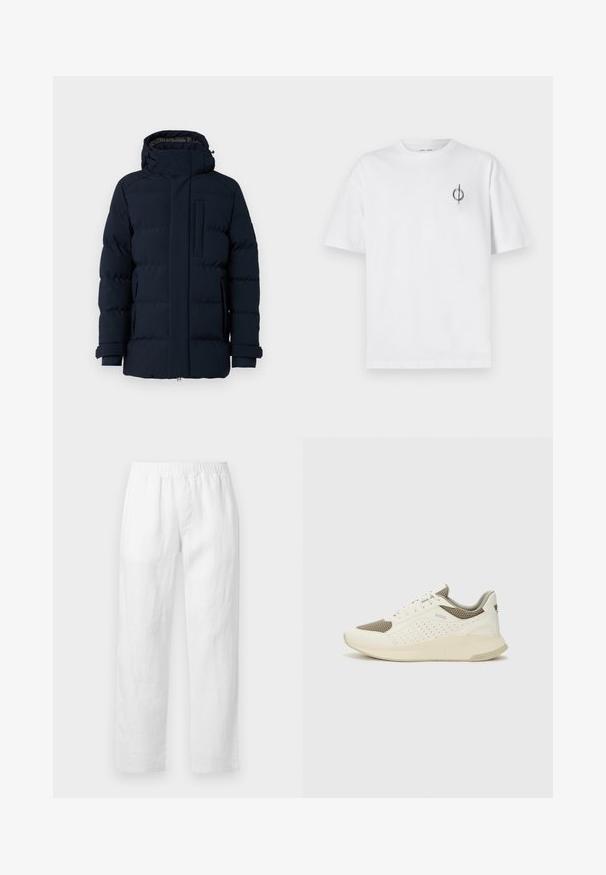 Belstaff PENDULUM JACKET - Pūkinė striukė - dark ink; Balta medvilninė marškinė su laisvu siluetu, su mažą juodą grafiką logotipą kairėje krūtinės pusėje. Trumpomis rankovėmis, apvaliu kaklu.; Baltos lino kelnės su elastiniu liemeniu, tiesių kojų piešiniu ir minkšta tekstūra be matomų raštų ar aparatūros detalių.; Baltas ir šviesiai bežinis sportinis kedas, su tinklo viršumi, perforuotais detalėmis ir tekstūruotu tarpine su logotipu ant kulno.