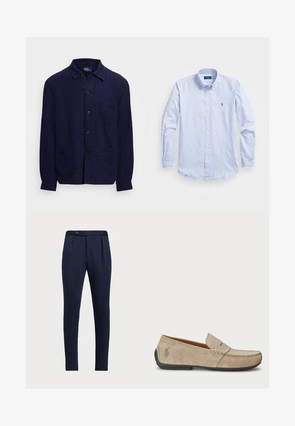 Granatowa lniana koszula z zapięciem na guziki, kołnierzykiem, dwoma przednimi kieszeniami i długimi rękawami. Akcentowana brązowymi guzikami.; Jasnoniebieska i biała koszula z długim rękawem, z klasycznym kołnierzykiem, w paski, z małym haftowanym logo na piersi.; Granatowe eleganckie spodnie z płaskim przodem, dwoma fałdami z przodu i pojedynczym zapięciem na guzik, wykonane z gładkiego, teksturowanego materiału.; Beżowe zamszowe loafersy z przeszyciem, płaską gumową podeszwą i małym logo po boku. Klasyczny model wsuwany, miękka faktura.