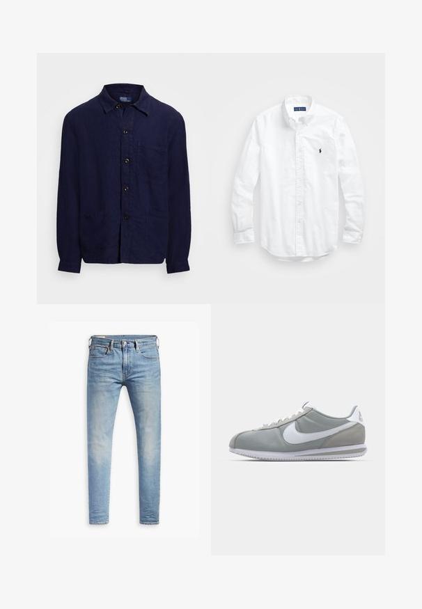 Mornarčasto plava lanena košulja s gumbima sprijeda, ovratnikom, dva prednja džepa i dugim rukavima. Ukrašena smeškastim gumbima.; Bijela košulja dugih rukava s gumbima izrađena od pamuka. Ima klasični ovratnik, gumbaste manžete i mali brodasti logo u tamnoplavoj boji na prsima.; Svijetloplave uske traperice s laganim izblijedjenjem na bedrima, prednje kopčanje na dugme, petlje za remen i pet džepova na bijeloj pozadini.; Sive sportske tenisice s gornjim dijelom od antilopa i tekstila, bijelim Nike swooshom i bijelim vezicama. Imaju teksturirani gumeni đon i podstavljeni ovratnik.