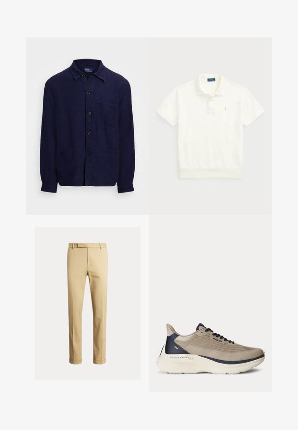 Navy blue linen shirt with a button-up front, a collar, two front pockets, and long sleeves. Accented with brown buttons.; Polo Ralph Lauren LOOPBACK FLEECE POLO-COLLAR SWEATSHIRT - Polo shirt - clubhouse cream; Khaki chinos made of smooth cotton fabric, featuring a fitted design, front pleats, and cuffs at the ankle for a tapered look.; Beige athletic shoe with a textured mesh upper, navy accents, thick white sole, and intricate design details. Features laces and logo branding.