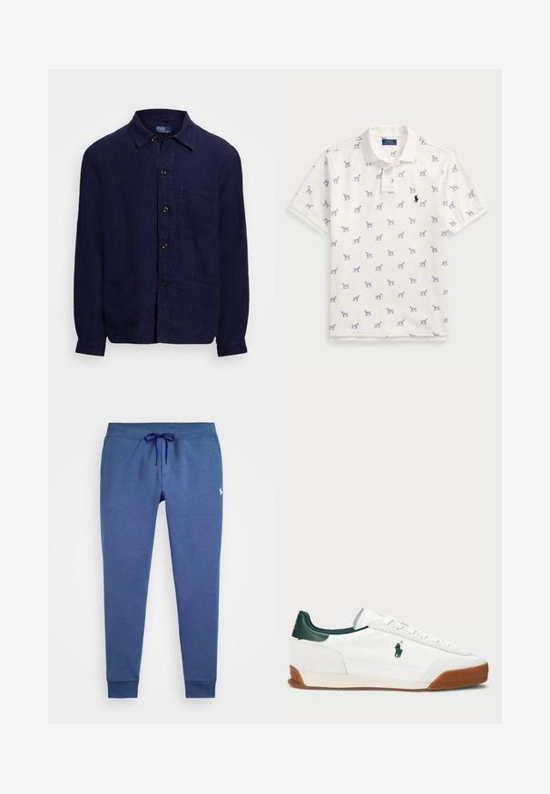 Námořnická modrá ľanová košeľa s gombíkovým zapínaním vpredu, golierom, dvoma prednými vreckami a dlhými rukávmi. Doplnená hnedými gombíkmi.; Biely polo tričko vyrobené z bavlny, s opakujúcim sa modrým vzorom psíka a malým modrým logom na hrudi. Krátke rukávy a golier.; Modré teplákové nohavice vyrobené z mäkkej látky, s elastickým pásom a sťahovacou šnúrkou, a rebrovanými manžetami na členkoch. Prítomný detail malého loga.; Biele tenisky s zelenými koženými akcentmi a hnedou gumovou podrážkou. S tkaninovým telom a výrazným logom na boku. Šnurovanie.
