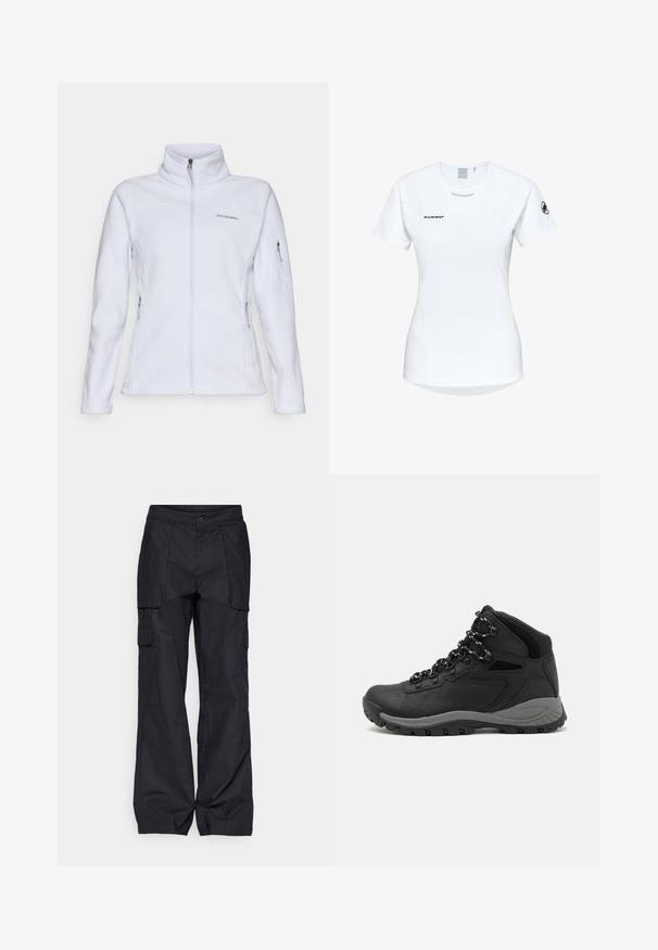 Columbia FAST TREK - Fleecejacke - snowdrift; Kurzärmliges weißes Sportshirt mit Rundhalsausschnitt, das ein Logo auf der Brust und eine glatte, leichte Stofftextur aufweist.; Columbia BREA FALLS™ COTTON RIPSTOP PANT - Outdoor-Hose - black; Schwarzer Wanderstiefel mit einem mittelhohen Design, ausgestattet mit einer strukturierten Oberfläche, grauen Akzenten und einer robusten Gummisohle mit Profilstollen.