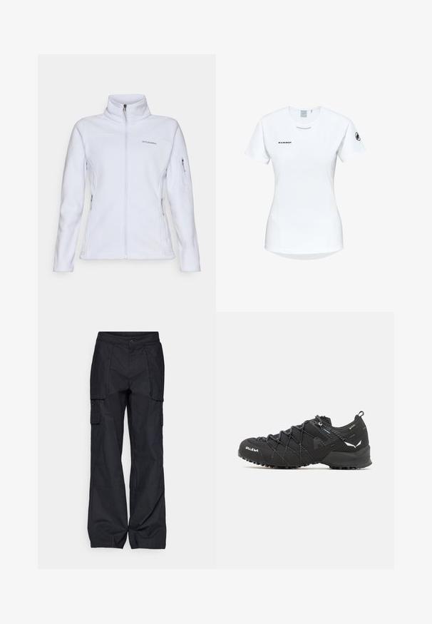 Columbia FAST TREK - Fleecejas - snowdrift; Korte mouwen witte sportshirt met een ronde halslijn, voorzien van een logo op de borst en een gladde, lichte stoftextuur.; Columbia BREA FALLS™ COTTON RIPSTOP PANT - Outdoorbroeken - black; Zwarte wandelschoenen met een bovenkant van textuurstof, een vetersysteem en een robuuste rubberen zool. Verfraaid met reflecterende details en logo's.