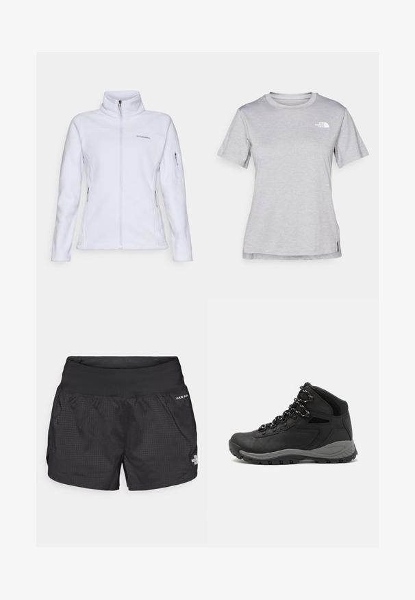 Columbia FAST TREK - Fliisjakk - snowdrift; Hall juppuvarrega, pehmeast, niiskust eemaletõukavast kangast lühikeste varrukatega hall T-särk. Omab ümarat kaelust ning väikest valget logo vasakul ülal.; Mustad mustamise lühikesed püksid, millel on tekstuuriga kangas, elastne vöökoht ja küljetaskud; ees on väike logo.; Mustarjaline matkasaabas, millel on keskmine disain, tekstuuriga ülemine osa, hallid aktsendid ja vastupidav kummist põhi, millel on haardelugesid.