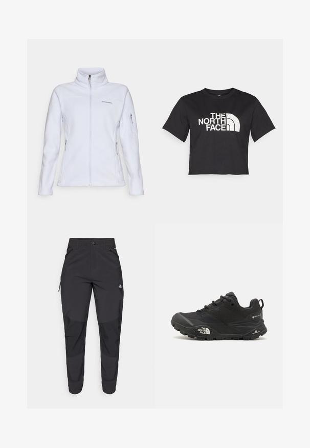Columbia FAST TREK - Jakna iz flisa - snowdrift; Črna kratka majica iz bombaža, ki ima spredaj bel logotip s ukrivljenimi akcenti in besedilom "THE NORTH FACE". Kratke rokave, okroglo izrezan ovratnik.; Črne zunanje hlače iz trpežnega materiala. Imajo žepke na zadrgo, ojačane kolenske dele in ravno krojeno zasnovo za prosto gibanje.; Črne pohodne čevlje z teksturirano zgornjim delom, vezalnim zapiranjem in masivnim gumijastim podplatom, ki ima opazen logotip na strani in vzorce profila.
