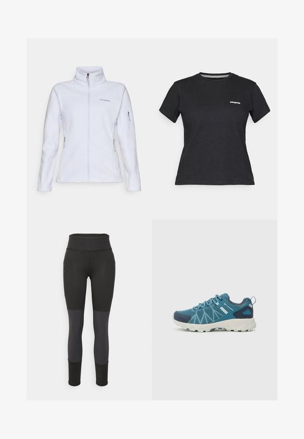 Columbia FAST TREK - Casaco polar - snowdrift; T-shirt de algodão preto com decote redondo e mangas curtas. Apresenta um logo branco "Patagonia" na área do peito esquerdo.; Leggings atléticos pretos com uma cintura alta, apresentando um design texturizado, painéis cinzentos contrastantes, bolsos laterais e punhos ajustados.; Columbia PEAKFREAK™ II OUTDRY™ - Sapatos de caminhada - blue heron/skylight