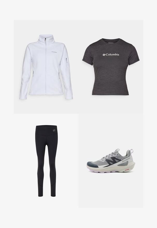 Columbia FAST TREK™ biały; Czarna szara koszulka z krótkim rękawem z teksturowanej tkaniny, z okrągłym dekoltem, z białym logo Columbia na piersi.; Czarne legginsy sportowe z wysokim stanem, z logo z przodu, gładką teksturą i dopasowanym krojem.; Tenisówki biegowe Salomon w kolorze szarym i granatowym mają oddychającą siateczkę na cholewce, gumowy czubek oraz teksturowaną podeszwę z lawendowymi akcentami.