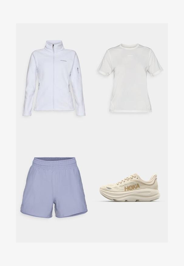 Columbia FAST TREK - Flísová bunda - snowdrift; Biela športová sieťovina s krátkym rukávom a okrúhlym výstrihom s malým logom "Salomon" umiestneným v strede hrudníka.; Svetlofialové športové kraťasy s elastickým pásom, hladkým materiálom a bočnými rozparkami na zvýšenie pohyblivosti. Bez viditeľných log alebo vzorov.; Svetlo béžové bežecké tenisky s vrchnou časťou z mäkkej siete, polstrovaným golierom, výrazným logom "HOKA" v zlatej farbe a hrubou, tlmiacou podrážkou pre pohodlie.