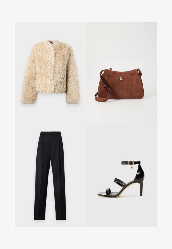 Bež jakna iz umetnega krzna s skrajšanim dizajnom, odprtim sprednjim delom in dolgimi rokavi. Ima mehko, teksturirano površino za toploto in udobje.; Bež pulover iz rebraste pletenine z globokim V-izrezom, dolgimi rokavi in teksturiranim panelom na prsih. Skrajšana dolžina z sproščenim krojem.; Črne hlače iz gladkega materiala, ki imajo visok pas, široke noge, sprednje nabore in klasične zanke za pas. Nevidni stranski žepi.; Črne lakirane sandale s tremi trakovi, zaponko okoli gležnja in 10-centimetrsko stiletto peto. Imajo detajle iz zlatega kovanja in logotipni čar.; Rjava semiš torba z zadrgo, nastavljivim naramnicam in srebrnimi dodatki, ki ima subtilno teksturirano površino.