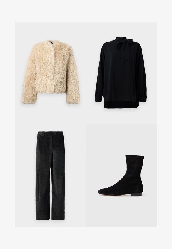 Beżowa kurtka z sztucznego futra o skróconym kroju, otwartym przodzie i długich rękawach. Posiada miękką, teksturowaną powierzchnię zapewniającą ciepło i komfort.; Czarna bluzka z wysokim kołnierzem i detalem w postaci kokardy. Długie rękawy z manszetami. Wykonana z gładkiego materiału o luźnym kroju.; Czarne, strukturalne spodnie z szerokimi nogawkami i wyraźnym splotem, z zaszewkami z przodu oraz płaskim pasem. Klasyczny design zapewniający wszechstronność.; Czarne zamszowe botki za kostkę z dopasowaną cholewką, spiczastym noskiem i niskim blokowym obcasem. Gładka faktura i minimalistyczny design, odpowiednie do wszechstronnych stylizacji.