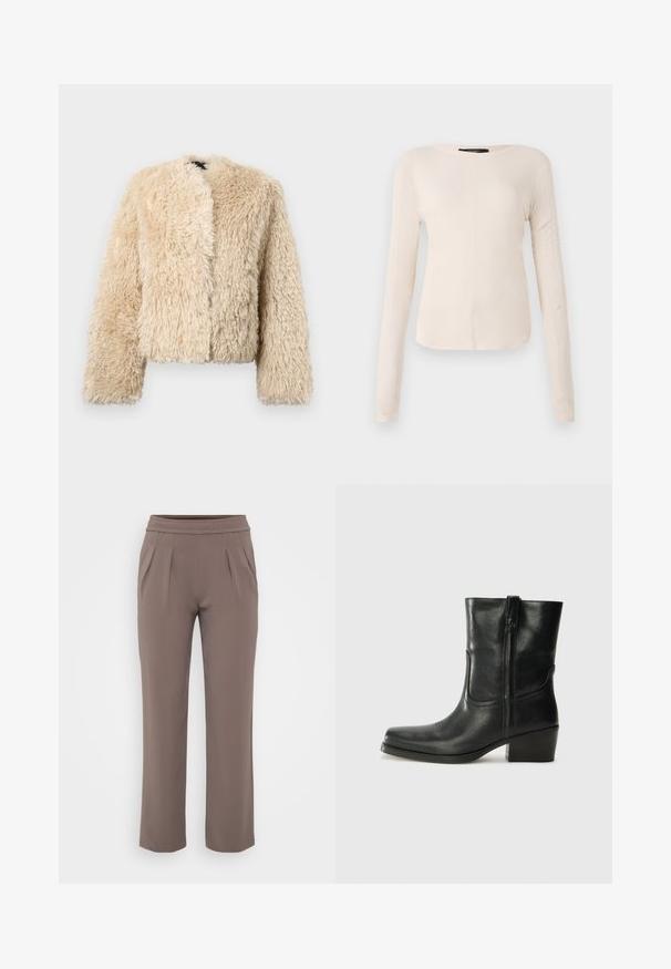 Béžová umělá kožešinová bunda s cropped střihem, otevřeným předním dílem a dlouhými rukávy. Disponuje měkkým, texturovaným povrchem pro teplo a pohodlí.; Dlouhý rukáv, světle béžový top s kulatým výstřihem. Vyrobeno z jemné látky, má středový šev a mírně zaoblený lem. Bez viditelné kovové úpravy.; Taupe volné kalhoty s elastickým pasem a předními záhyby, vyrobené z hladkého materiálu.; Černá kožená kotníková bota s kulatou špičkou, blokovým podpatkem, bočním zipem a prošíváním na svršku. Hladký povrch, klasický design.