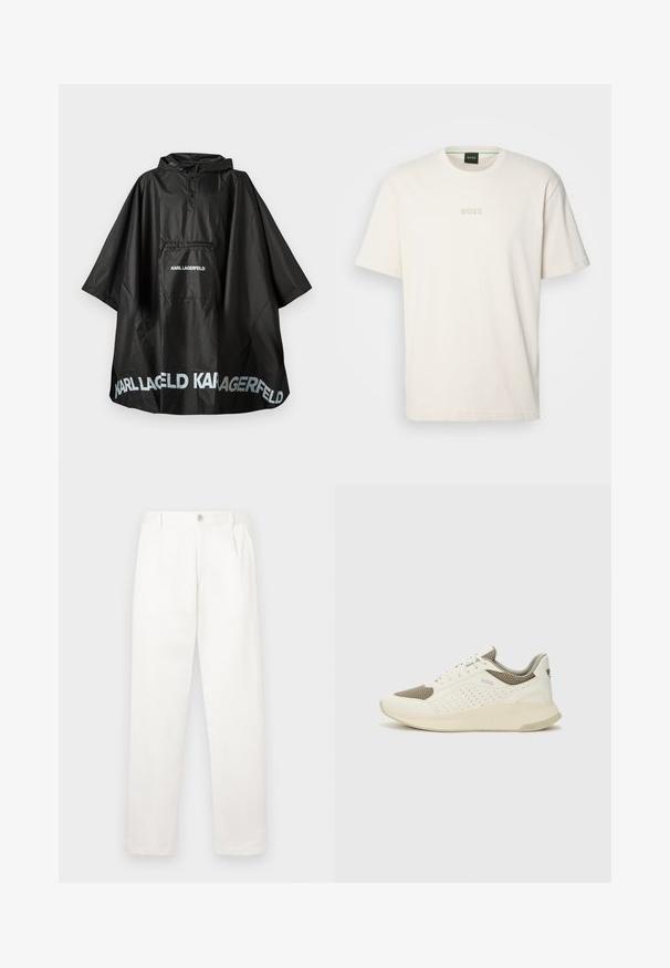 Svart vanntett hetteponcho med frontlomme og "KARL LAGERFELD" logo trykket på lommen og kanten.; BOSS TEE - T-shirts - open white; Hvite bukser laget av glatt stoff, med rett ben-design, frontfolder og en enkelt knappelukking i livet.; Hvit og lysebeige treningssko, med en mesh-overdel, perforerte detaljer og en teksturert mellomsåle med merkevare på hælen.