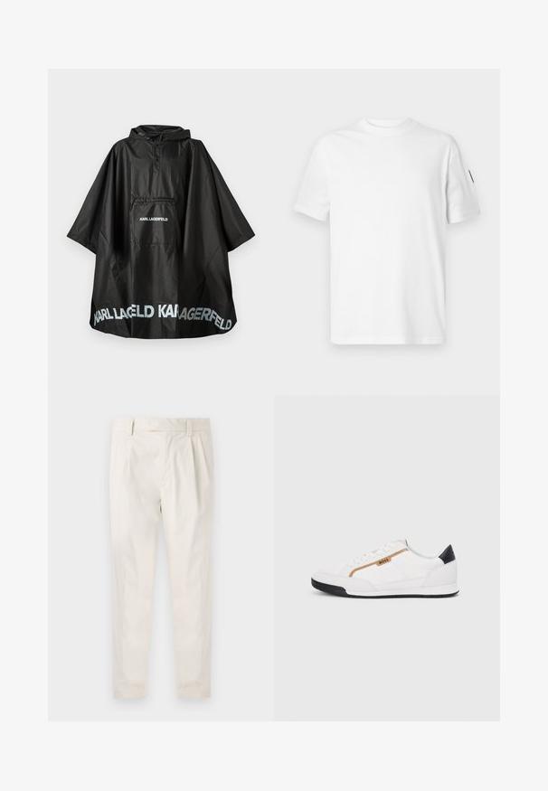 Black waterproof hooded poncho with front pocket and "KARL LAGERFELD" logo printed on pocket and hem.; White cotton t-shirt with short sleeves and a crew neckline. Features a small black logo on the left sleeve. Smooth texture, standard fit.; White, pleated trousers with a tailored fit, featuring a smooth texture, belt loops, and tapered legs. No visible pockets or patterns.; White athletic shoes with mesh and leather accents. Features a gold "BOSS" logo, textured side panels, and a black heel cap. Rubber sole.