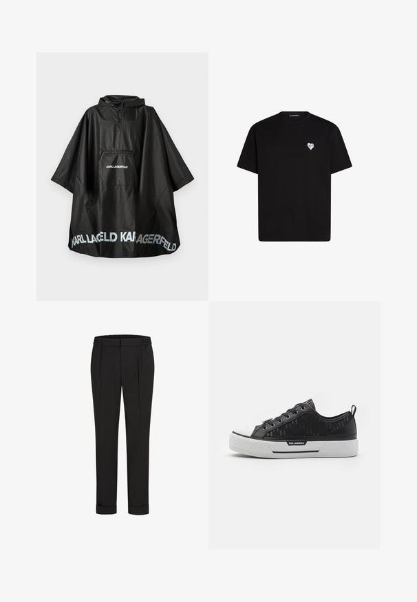 Must värviga veekindel kapuutsiga ponšo, millel on esikott ja "KARL LAGERFELD" logo trükitud kotile ja hemile.; Mustvalg mustast puuvillast t-särk lühikeste varrukatega, ümar kaelus ja väike valge südame graafika vasakul rinnal.; Mustad püksid elastse vöökohtaga, sirge jala kujundusega ja üles keeratud äärtega. Valmistatud siledast, kudumisega kangast, ilma mustriteta.; Mustvalguse madala varbaga tennis jalanõud, musta mustriga kangast pealisosa, valge kummist varvakatte, tekstureeritud tald ja logoga aktsent küljel. Metallist silmused nööride jaoks.