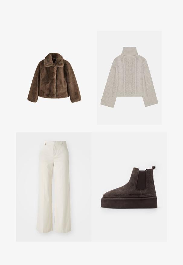 Barna műszőrme dzseki puha tapintással, széles gallérral és doboz alakú sziluettel. Elülső záródással és hosszú ujjakkal rendelkezik.; Rövidített, világosszürke kötött pulóver magas gallérral és bordázott mandzsettákkal, hátul és az oldalakon texturált sodrott mintákkal.; Világos bézs színű, széles lábú nadrág, sima anyagból készült. Klasszikus derékrésszel és lapos elülső résszel, letisztult vonalakkal rendelkezik.; Barna nubuk Chelsea csizma elasztikus oldalsó panelekkel és vastag, textúrázott talppal. A saroknál található húzófül megkönnyíti a felhúzást.